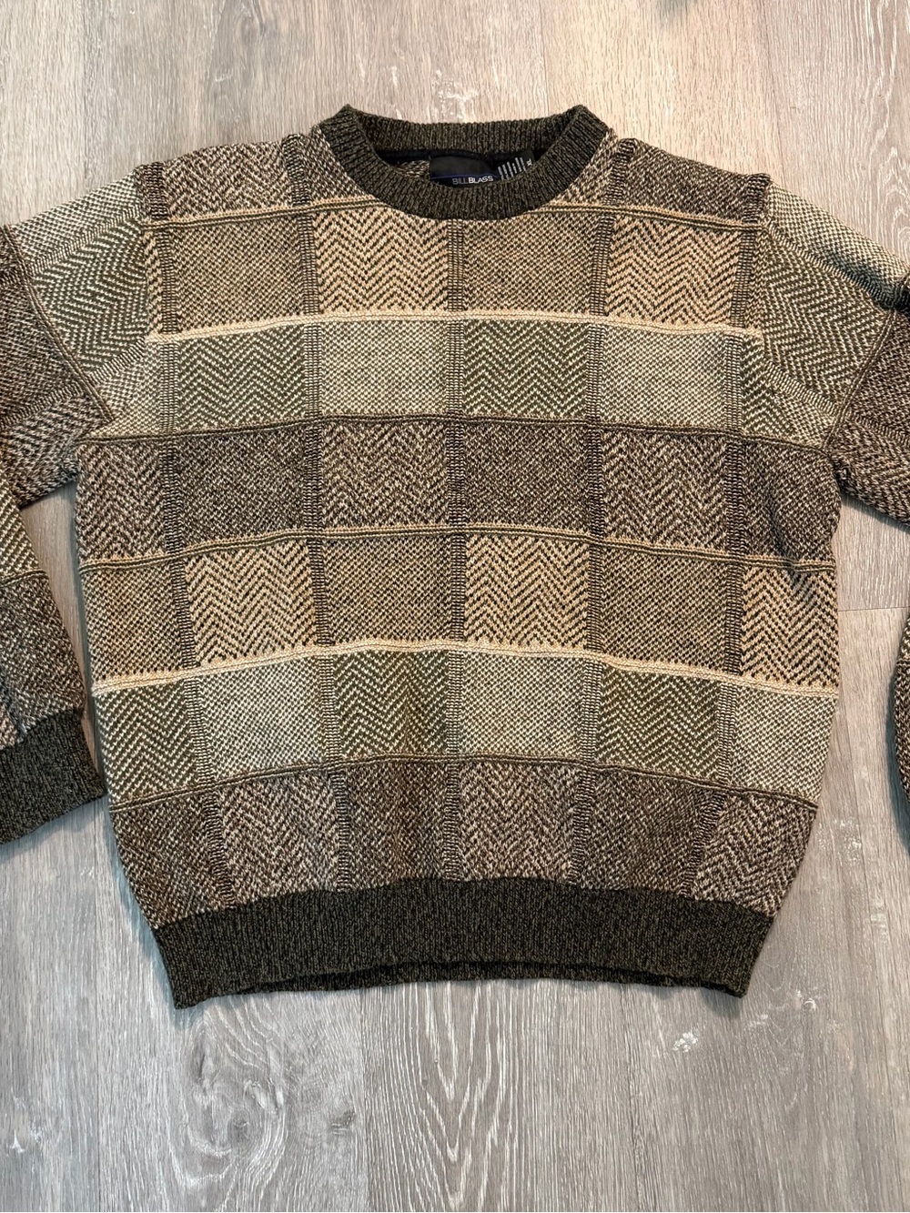Bill Bass Olive and Brown Patterned Crewneck Sweater Mens xl Hole
